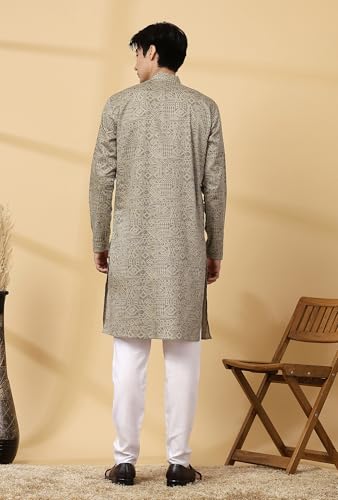 Image of Majestic Man Men's Cotton Regular Fit Casual Mandarin Collar Ethnic Motifs Printed Long Regular Kurta