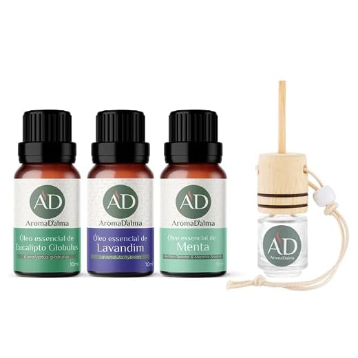 Kit Respiração 3 Óleos Essenciais Aroma D'alma - Eucalipto Globulus, Lavandim Grosso e Menta + Aromatizante De Carro Aroma D’alma De Presente