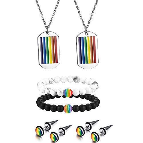 Aroncent 6pcs Gay LGBT Lesbian Rainbow Pride Couples Jewelry Set, Rainbow Bead Bracelet, Rainbow Stud Earrings and Rainbow Stainless Steel Dog Tag Necklace