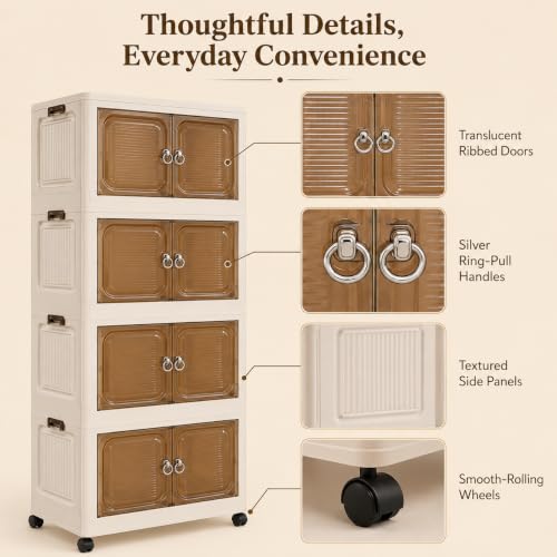 Image of KRISHYAM 4-Layer Plastic Storage Cabinet with 4 Translucent Doors & Caster Wheels, Multipurpose Clothes Organizer for Bedroom, Kids Room, Bathroom & Home, 141 x 67 x 37 cm (Black & White)