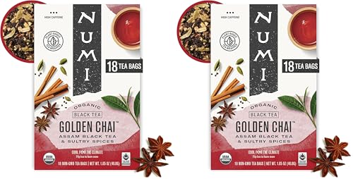 Image of Numi Organic Golden Chai Tea, 18 Tea Bags, Assam Black Tea, Cardamom, Ginger & Anise (Packaging May Vary) (Pack of 2)