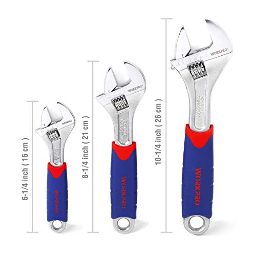 WORKPRO 3-piece Adjustable Wrench Set CR-V with Rubberized Anti-Slip Grips 10-inch, 8-inch, 6-inch