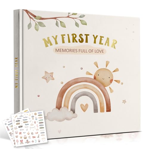 Baby Memory Book My First Year Journal with Stickers Rainbow Design Gender-Neutral Keepsake for Boys & Girls Thoughtful Gift for New Parents