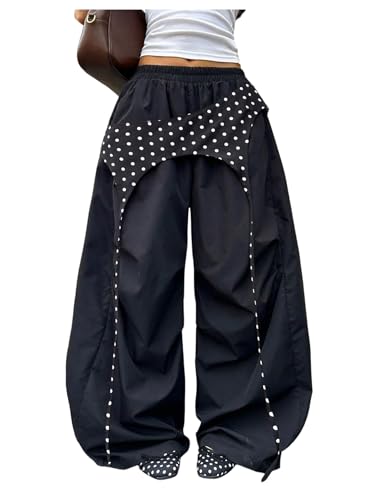 SOLY HUX Womens Y2k Parachute Pants Elastic Waist Baggy Wide Leg Pants with Skirt Streetwear Black Polka Dots Large