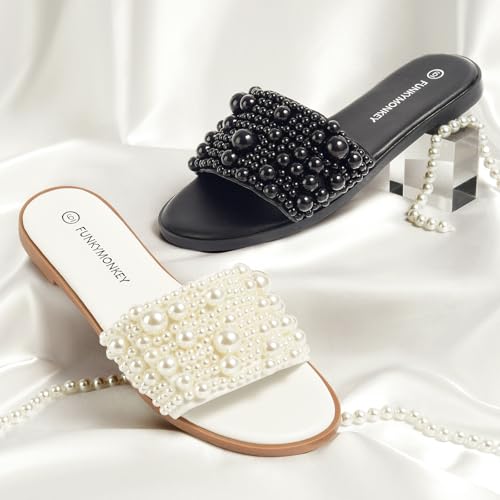 FUNKYMONKEY Women's Pearls Flat Sandals Slip-on Open Toe Dressy Summer Beach Casual Slide4
