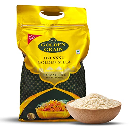 Image of GOLDEN GRAIN Golden Sella Basmati Rice 5Kg | Golden Sella Non Sticky Basmati Rice With Great Taste & Mesmerizing Aroma | Extra Long Grain | Natural Perfectly Aged | Chef's favourite Sella Basmati Rice