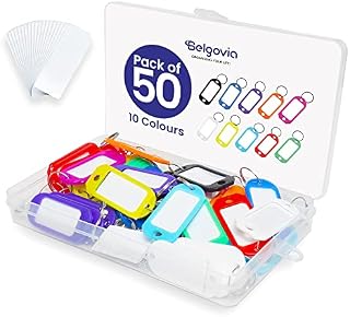Belgovia 50 Pack Key Tags with Labels - 10 Colours, Premium Plastic Box with 30 Extra Paper Labels, Key Rings & Key Fobs with Split Rings for Keys, Luggage & Office