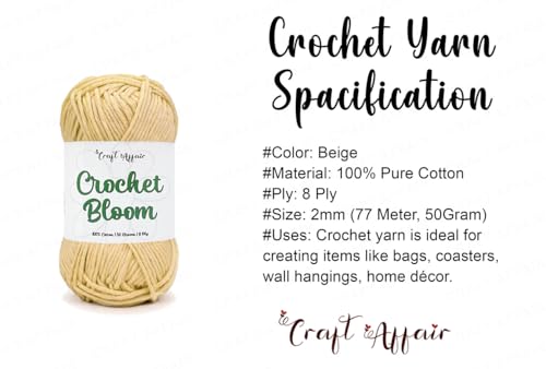 Image of Craft Affair | Crochet Bloom Cotton Yarn 8ply (2mm, 77Meter, 50Gram) 100% Pure Cotton | Knitting Yarn | for Embroidery, Craft & DIY Project: Beige