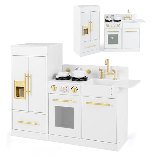 COSTWAY Cocinita Infantil de Madera, Cocina Juguete para Niños con Frigorífico, Estufa, Fregadero, Máquina de Hielo, Reloj, Lavavajillas y Accesorios, Juguetes de Cocina de 3+ Años, Blanco