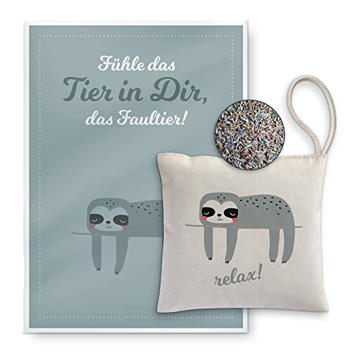 reelax.me Lavendel Kissen, Faultier Kissen mit Karte, Lavendelsäckchen, Duft-Säckchen Kleiderschrank, Schrankduft, Auto-Duft, Geschenke Entspannung, FAULTIER Geschenk Relax