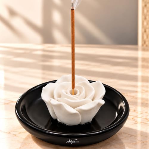 Image of SIGNAMIO Ceramic Agarbatti Incense Stick Stand Holder - Flower Black