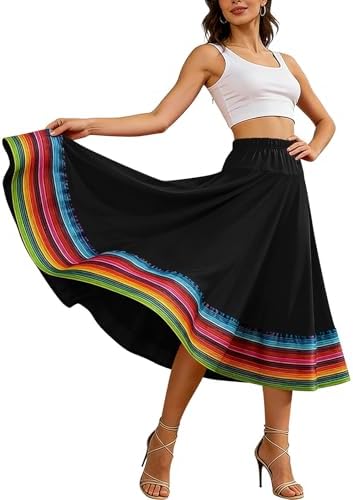Women Long Full Circle Folklorico Dance Skirts Spanish Bull Folkloric Mexican Flamenco Performance Costume Clothes Black-XXXXL