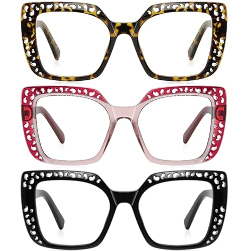 Image of ICARA 3 Pack Fashion Oversized Square Reading Glasses for Women, Retro Celebrity Style Blue Light Blocking Computer Readers