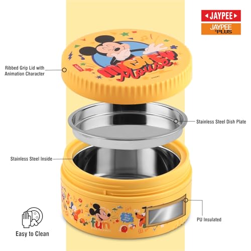 Image of JAYPEE First Step Inner Stainless Steel Insulated Lunch Box Meal and Sip Combo for School Kids Water Bottle Sipper & Disney Princess School Kids Tiffin Box 375 & 270 ml Water Bottle, Yellow