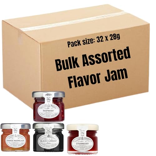 Bulk Jam Portions Assorted 28g Mini Glass Jars Include Blackcurrant Orange Marmalade Raspberry & Strawberry Hotel Office Cafe & Guest Gift Favour (32 Jam)