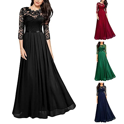 Minetom-Damen-Spitzenkleider-Hochzeit-Chiffon-Abendkleider-Elegant-34-Aermel-Langes-Kleid-Plissee-Maxikleider-Cocktail-Party-Ballkleider