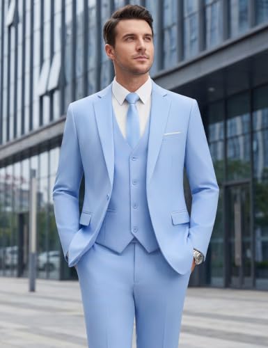 Image of WULFUL Men's Slim Fit Suit One Button 3-Piece Blazer Dress Business Wedding Party Jacket Vest & Pant