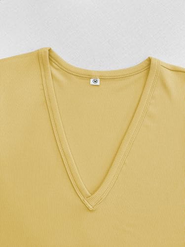 Image of Albe Rita Women Short Sleeve T-Shirt Cap V Neck Shirts for Women Ribbed Casual Top Knit Slim Fit for Summer