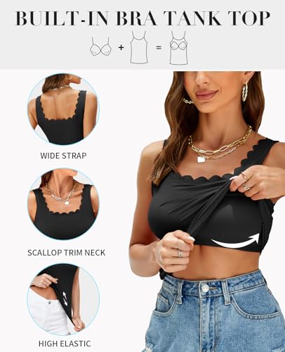V FOR CITY Women Square Neck Tank Tops with Built in Bras Scallop Trim Fitted Camisole Ribbed Summer Top2