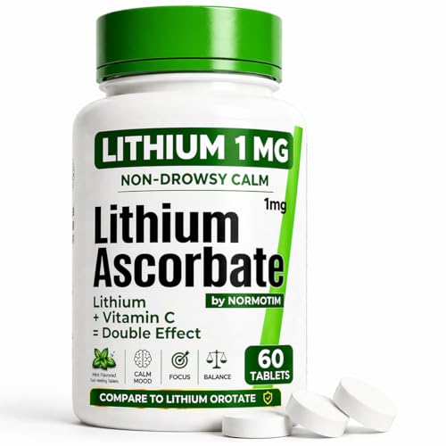 NORMOTIM Low Dose Lithium Supplement 1mg Non-Drowsy Calm & Focus Fast-Dissolve Lithium Ascorbate Tablets with Vitamin C Compare to Lithium Orotate 1mg 60 Count