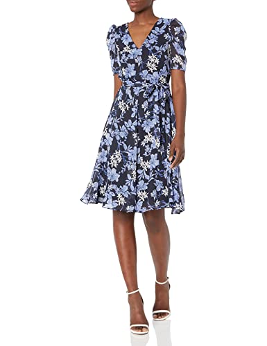 Image of Tommy Hilfiger Women's Puff Sleeve V-Neck Tie Waist Chiffon Mini Dress