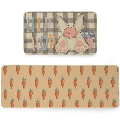 ARKENY Happy Bunny Easter Kitchen Mat Set of 2,Spring Kitchen Rugs and Door Mats,Seasonal Easter Egg Carrot Hip HOP Kitchen Floor Mat 17x29 and 17x47 Inch AKM031