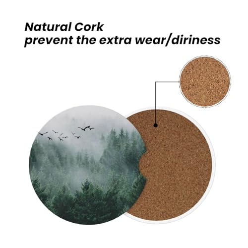 Image of Forest Tree Car Coasters for Cup Holder Absorbent Ceramic Cup Coaster 2 Pack Anti Slip Car Interior Accessories with Finger Notch Cork Base for Women Men 2.56 inch