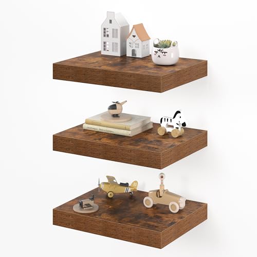 Image of Dreamland 16 inch Floating Shelves for Wall, 12 inch Deep Thicker Floating Shelves, Wall-Mounted Shelves for Bedroom, Living Room, Kitchen, Bathroom,Rustic Brown - Set of 3