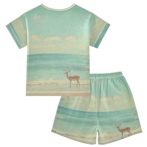 ALAZA Deer on The Summer Beach Pajama Set Short Sleeve Sleepwear Soft Lounge Nightwear2