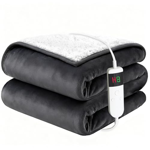 Electric Blanket Heated Throw, Soft Flannel 50'x60' Heating Blanket with 8 Hours Auto Off 10 Fast Heating Levels Machine Washable Sherpa Heated Blanket with Overheating Protection