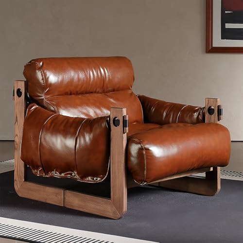 MJKCBD Retro Einzelsofa, Ölwachsleder Lounge Sofa, Bequemer Lazy Sofa Sessel mit Armlehne, Massivholzrahmen fürs Wohnzimmer Schlafzimmer Arbeitszimmer,Braun