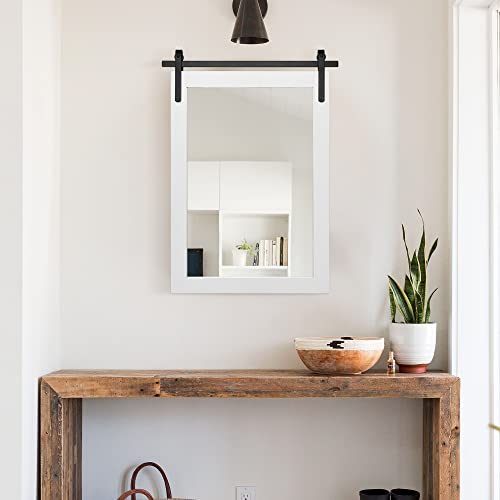 Clavie Farmhouse Wall Mirror Rustic Horizontal Wood Framed Bathroom Mirror, Barn Door Style Decorative Mirrors, 22"X30" White #TOP6