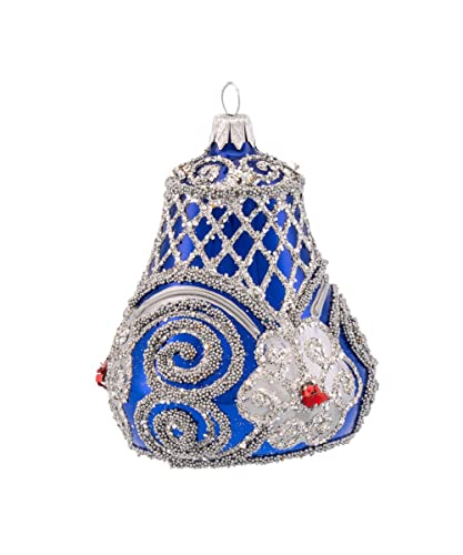 Polish Gallery Christmas Bell Ornament 4-Inch Blown Glass, Royal Inspired Hand Decorated Silver Embellishments Royal Blue #TOP18