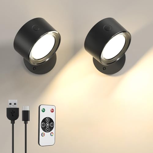 LED Wandleuchte mit Fernbedienung, 2 Stück Kabellose Akku Wandlampe, 16 Farbmodi RGB Ambiente Wandlichter ohne Stromanschluss, 360° Drehbare Aufladbare Leuchten für Kinder Wohnzimmer Schlafzimmer