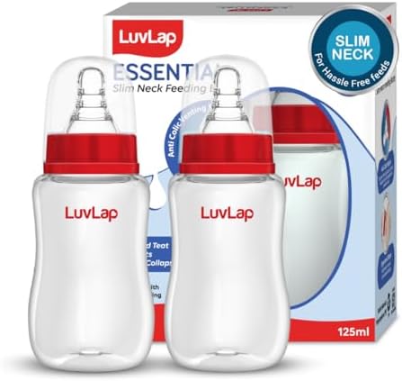 LuvLap Anti-Colic Slim/Regular Neck Essential Baby Plastic Feeding Bottle, 125Ml (Pack of 2), New Born/Infants/Toddler Upto 3 Years, BPA Free