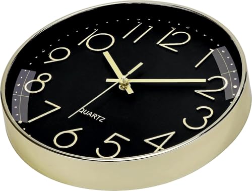 Image of TEKCOOL Plastic Digital Wall Clock 12 inch Silent Quartz Decorative Non-Ticking Classic Clock Battery Operated Round Easy to Read for Room /Home /Kitchen /Bedroom /Office /School- (Gold Black);