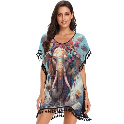 Elephant Colorful Art Women's Beach Cover Up Chiffon Tassel Swimwear Swimsuit Coverups for Girl