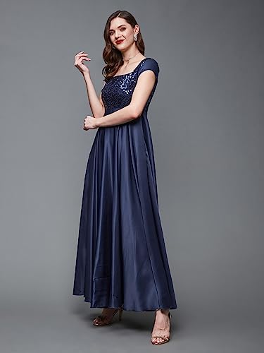 Image of Miss Chase Women's Halter-Neck Cap-Sleeve Pleated Embellished Georgette Maxi Dress