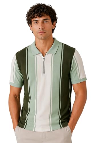 Image of SANE ORIGINALS Textured Polo T-Shirt for Men in Vertical Stripes || Old Money Polos for Men