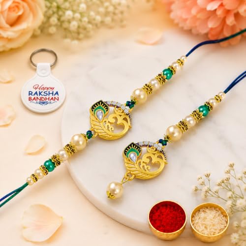 Image of Riddhika Ventures Elegant Traditional Gold Plated Bhaiya Bhabhi Rakhi Set with Roli Chawal and Greeting Card || Traditional Rakhi Set of 2 & Festive Gift