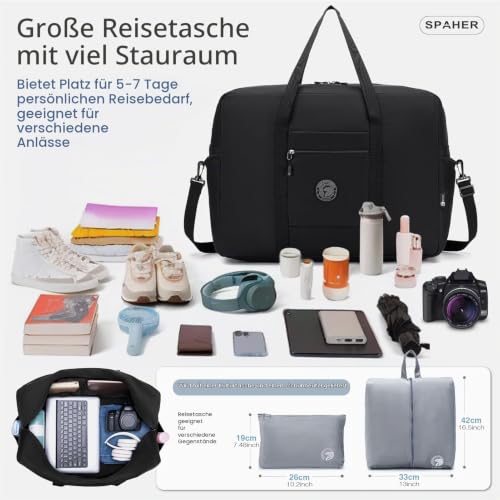 SPAHER Reisetasche Handgepäck Tasche 55x40x23 Lufthansa Wizzair Eurowings Leichte Reisetasche Groß Faltbare 50L wasserdichte Tasche Flugzeug Travel Duffle Bag Cabin Bag Weekender Damen Herren