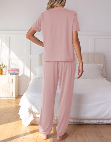 Women's Comfy Pajama Sets Short Sleeve Long Pants 2PCS Lounge Sets Drawstring Solid Color Nighty2