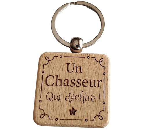 Porte-Clés en Bois Gravé Personnalisé - Idée Cadeau Chasseur Homme Unique pour Collègue de Travail, Ami, Famille - Porte Clef Chasseur Idéal pour Cadeau...