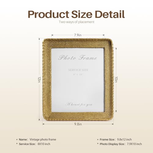 8x10 Picture Frame Gold, Vintage Gold Frames Rattan Textured Hand-Crafted Resin Photo Frame with Glass Front for Tabletop Display & Wall Display, Retro Design Home Decor
