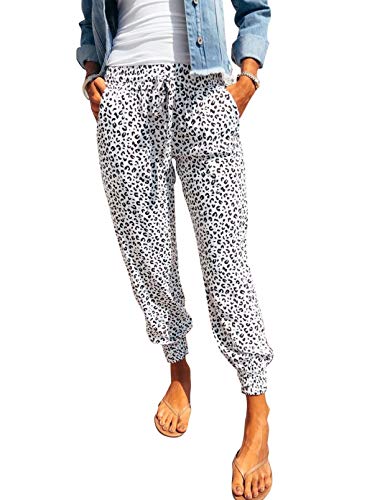 Acelitt Women Ladies Casual Fashion Winter White Leopard Print Joggers Pants Workout Yoga Sport Running Sweatpants Pants with Pockets Small