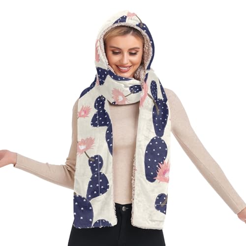 Bonnet d'hiver à capuche femme 3 en 1 bleu marine avec longue écharpe et poche à gants