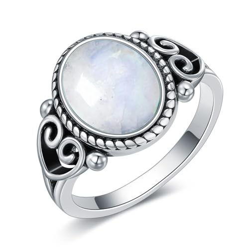 QKABTI Genuine Moonstone Ring 925 Sterling Silver, Vintage Filigree Statement