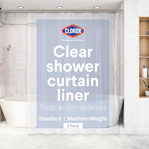 Clorox Shower Curtain Liner Premium Medium-Weight Durable Waterproof 6g PEVA for Bathroom with Weighted Magnets Standard Size 72 x 72 Clear 2 Pack