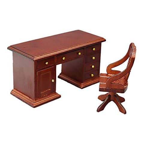 Auleset 1 12 Scale Dollhouse Furniture, Wooden 1/12 Scale Retro Dollhouse Writing Desk Chair Set Tiny Furniture for Decor - A Cover