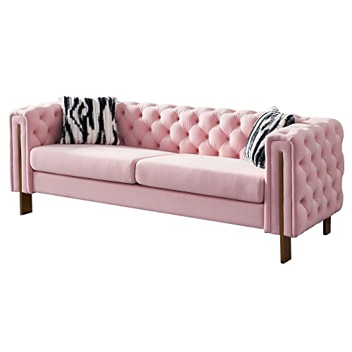 Image of KEIKI 84 inch Chesterfield Velvet Tufted Button Sofa with Removable Cushions and 2 Toss Pillows, Modern 3-Seater Couch with 4 Gold Metal Legs, Easy Assembly, for Living Room, Bedroom, Apartment, Pink